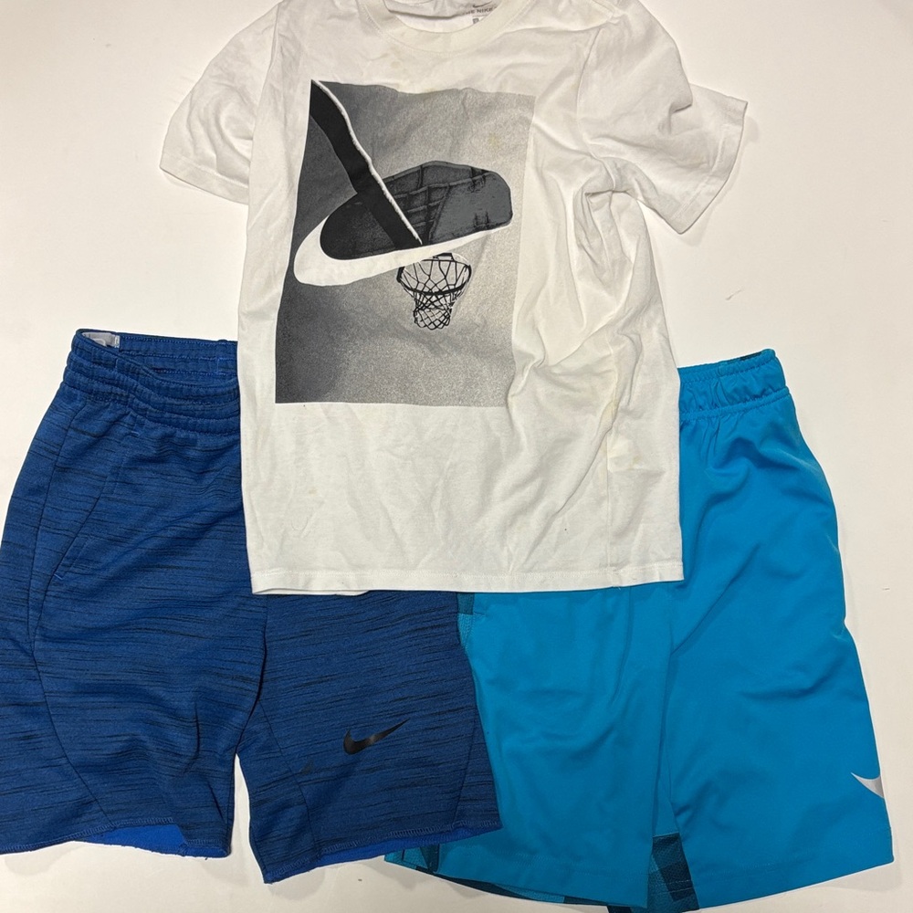 Nike White Tee with Blue and Light Blue Shorts